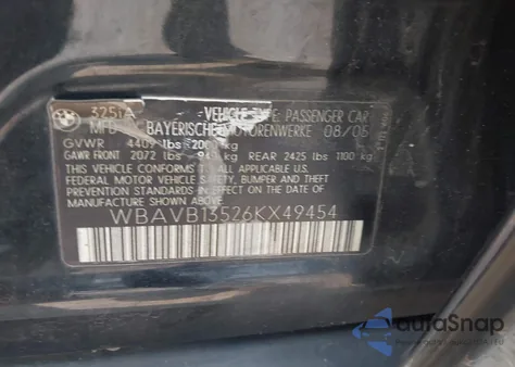 2006 BMW 325I from USA, damaged, VIN WBAVB13526KX49454